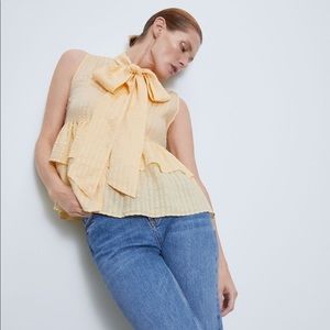 Zara Yellow Tie Neck Ruffle Tiered Sleeveless Blouse Women’s Size Small